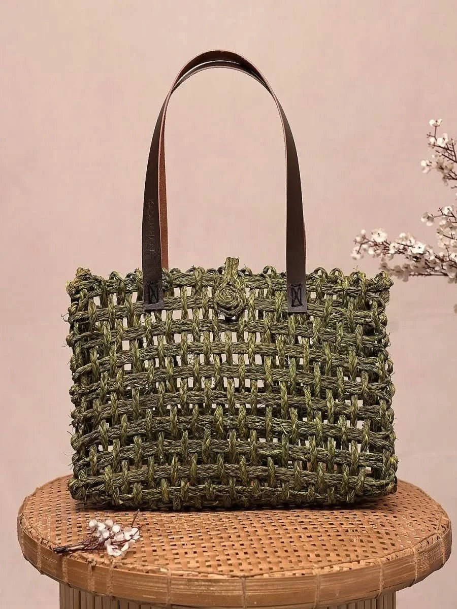 Handmade Sabai Grass Small Mesh Tote Bag - Avocado - Kadam Haat