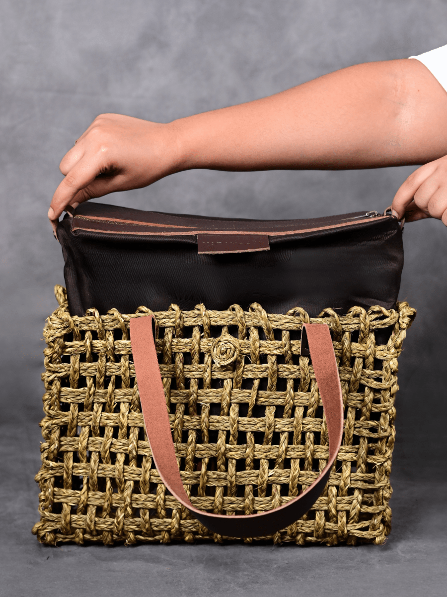 Handmade Sabai Grass Small Mesh Tote Bag - Avocado - Kadam Haat