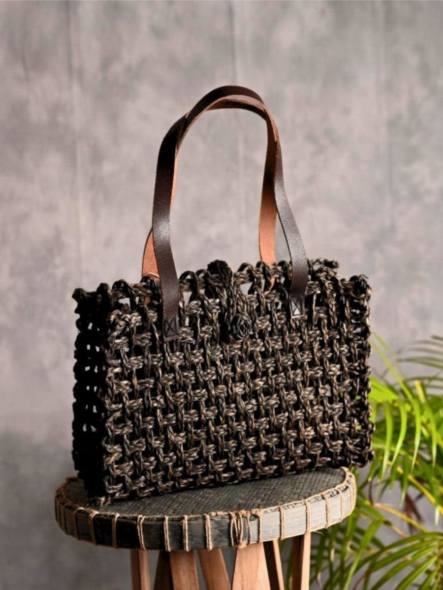 Handmade Sabai Grass Small Mesh Tote Bag - Black - Kadam Haat