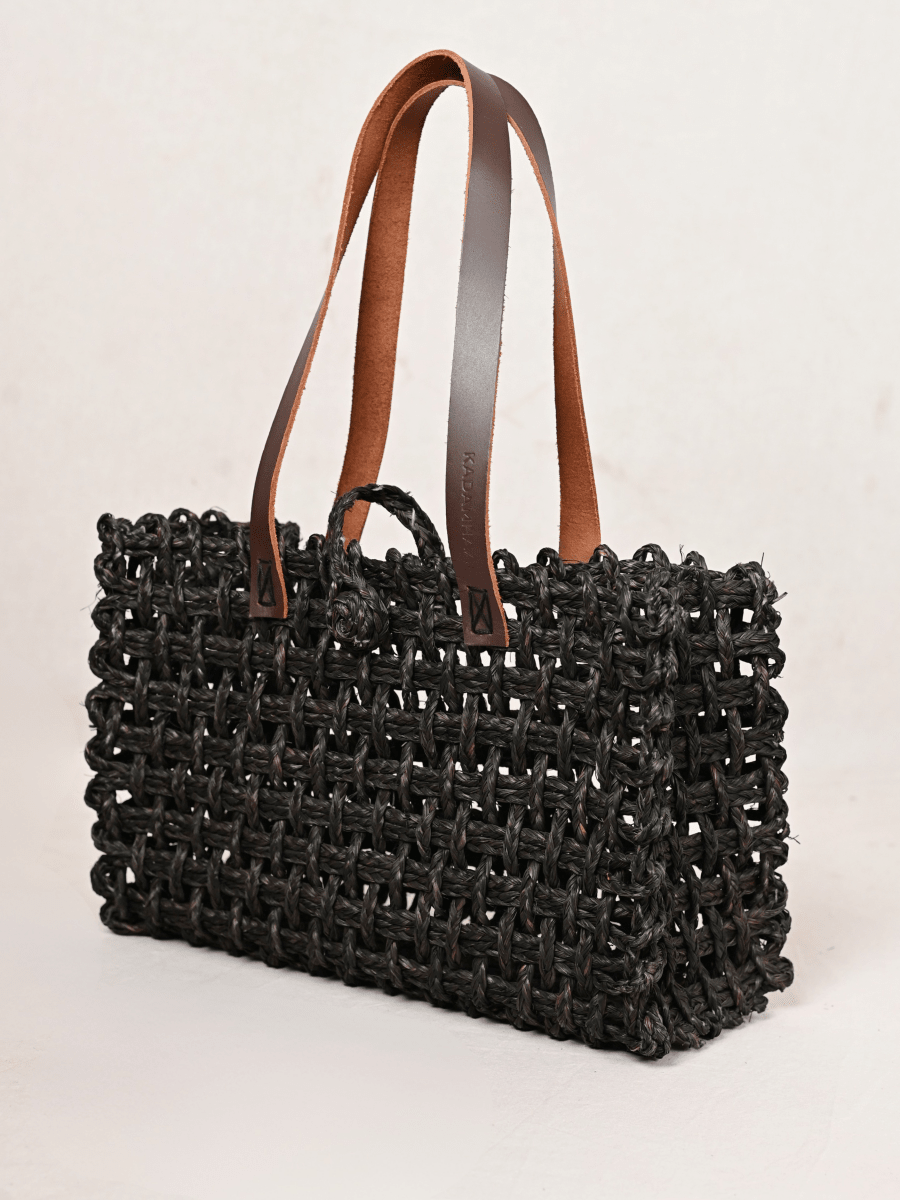 Handmade Sabai Grass Small Mesh Tote Bag - Black - Kadam Haat