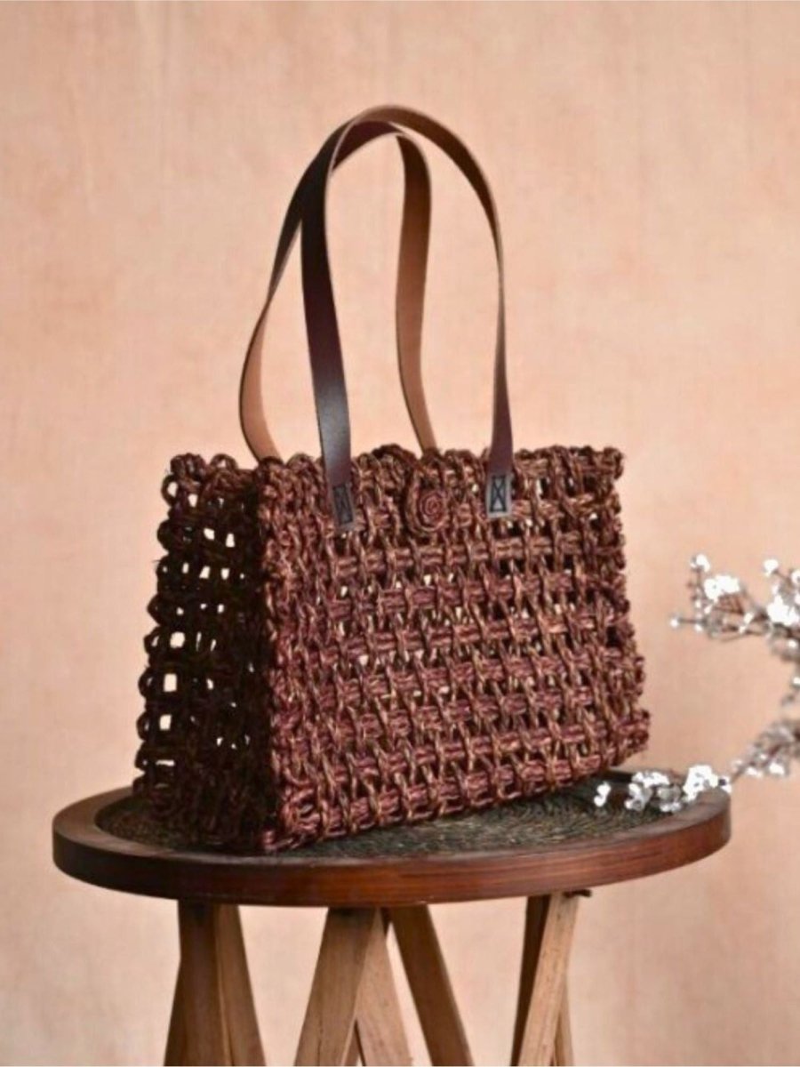 Handmade Sabai Grass Small Mesh Tote Bag - Brown - Kadam Haat