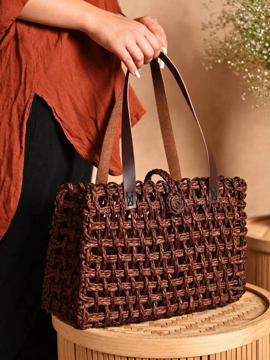 Handmade Sabai Grass Small Mesh Tote Bag - Brown - Kadam Haat