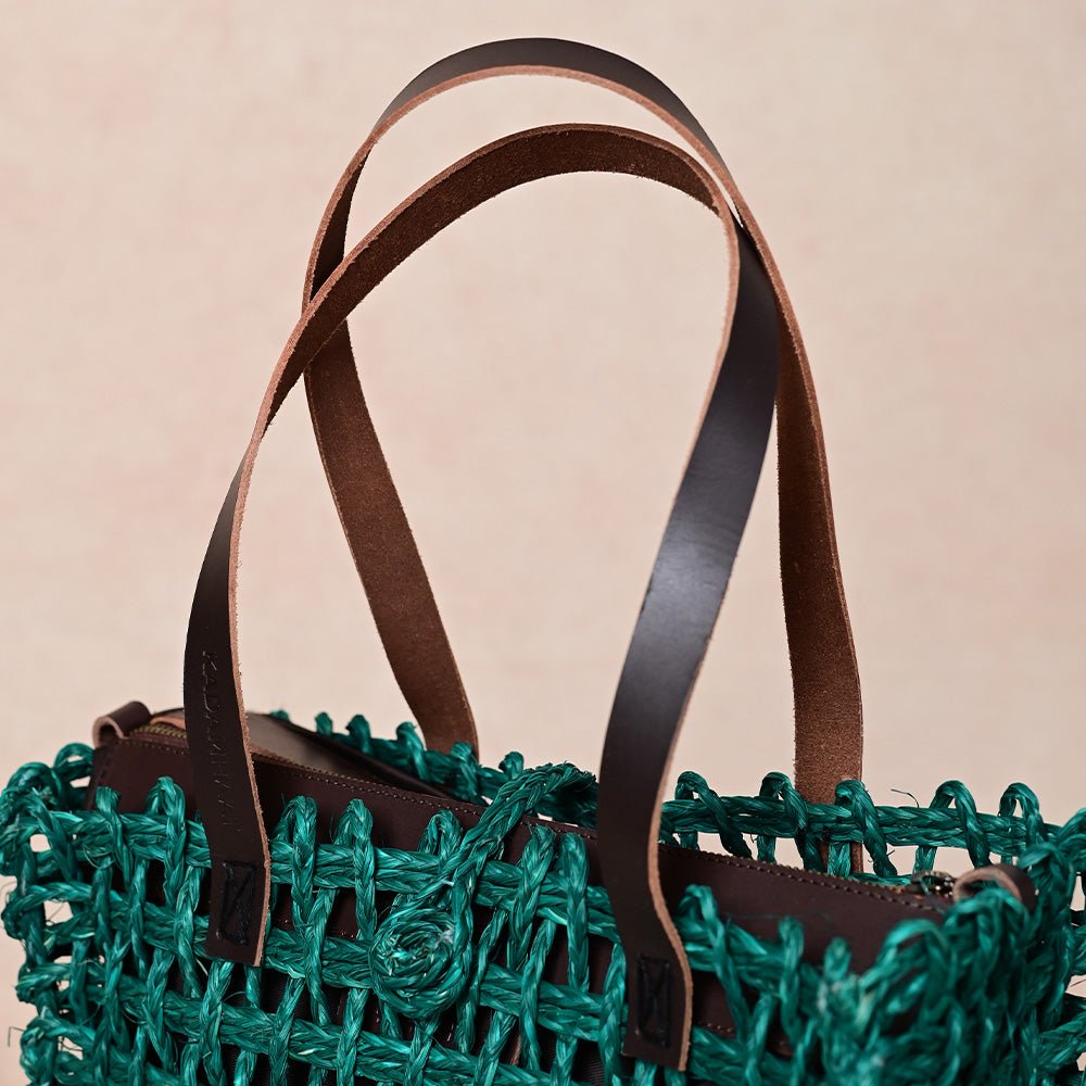 Handmade Sabai Grass Small Mesh Tote Bag- Green - Kadam Haat