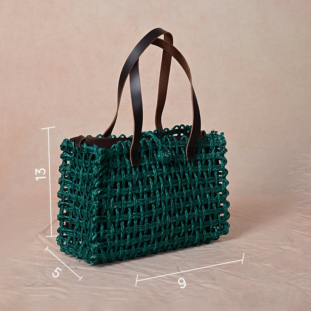 Handmade Sabai Grass Small Mesh Tote Bag- Green - Kadam Haat