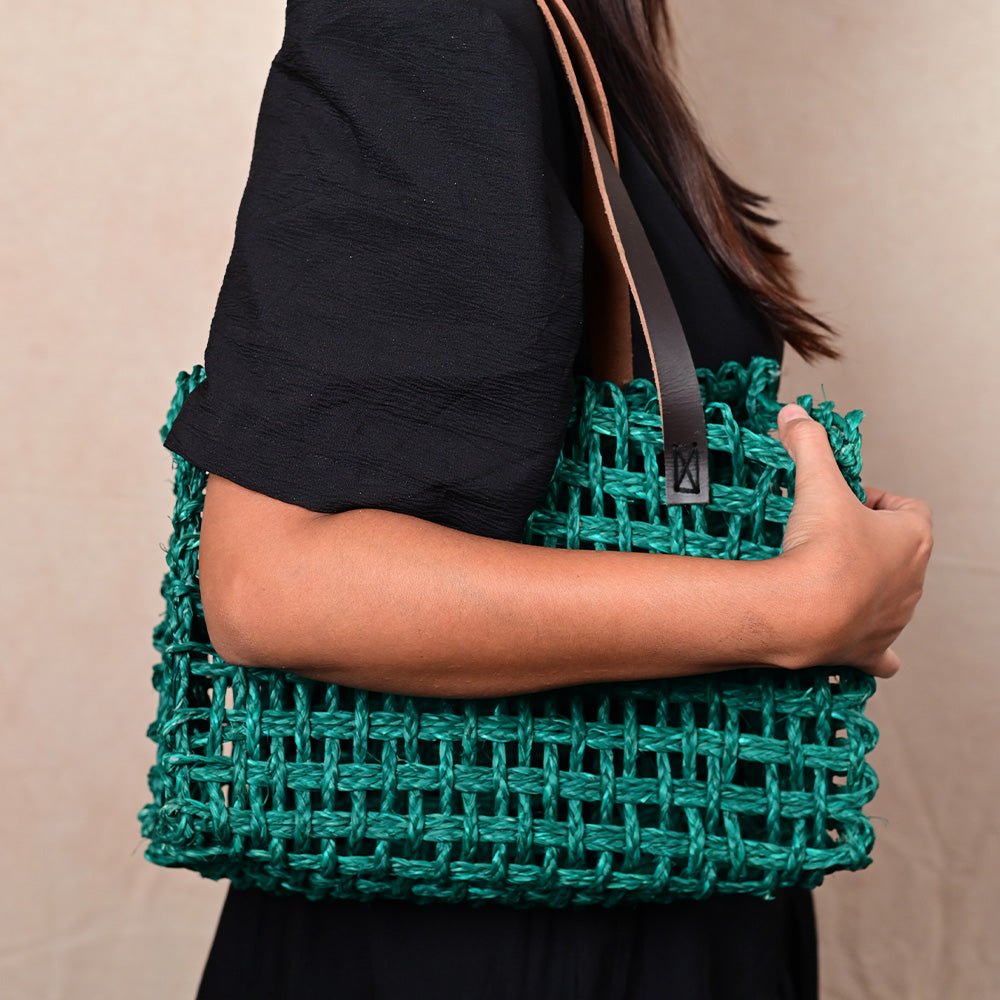 Handmade Sabai Grass Small Mesh Tote Bag- Green - Kadam Haat