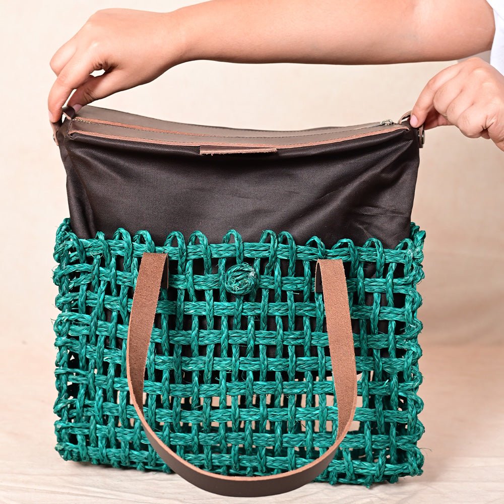 Handmade Sabai Grass Small Mesh Tote Bag- Green - Kadam Haat