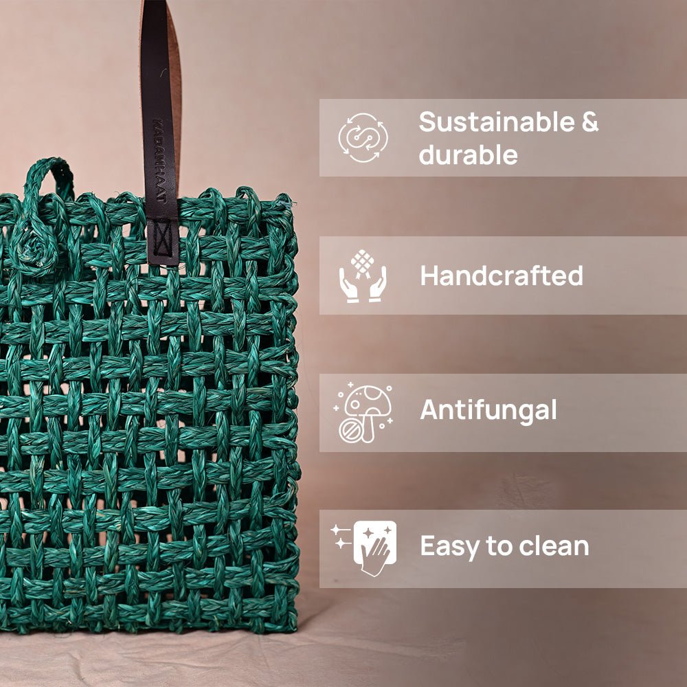 Handmade Sabai Grass Small Mesh Tote Bag- Green - Kadam Haat