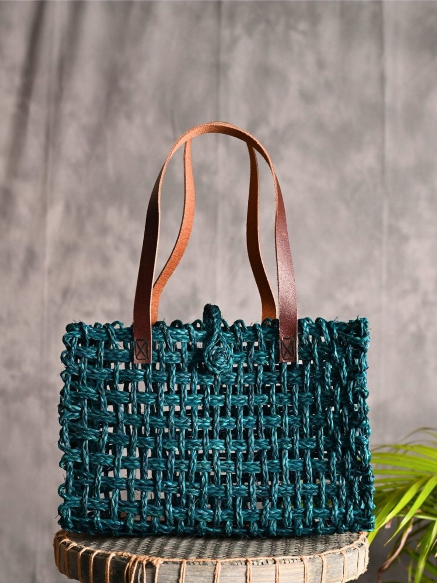 Handmade Sabai Grass Small Mesh Tote Bag - Indigo - Kadam Haat