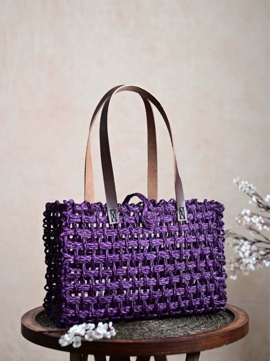 Handmade Sabai Grass Small Mesh Tote Bag - Lavender - Kadam Haat