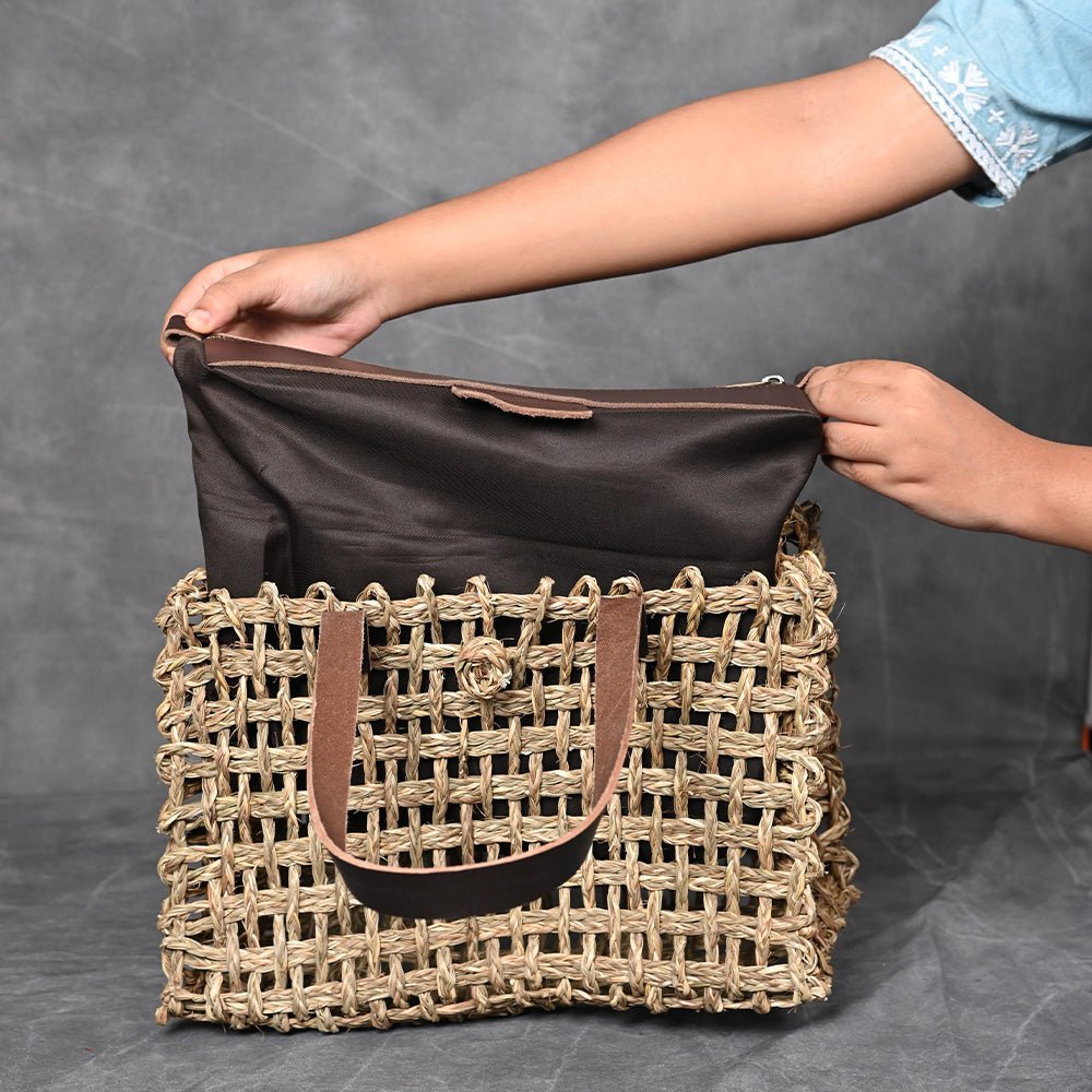Handmade Sabai Grass Small Mesh Tote Bag - Natural - Kadam Haat