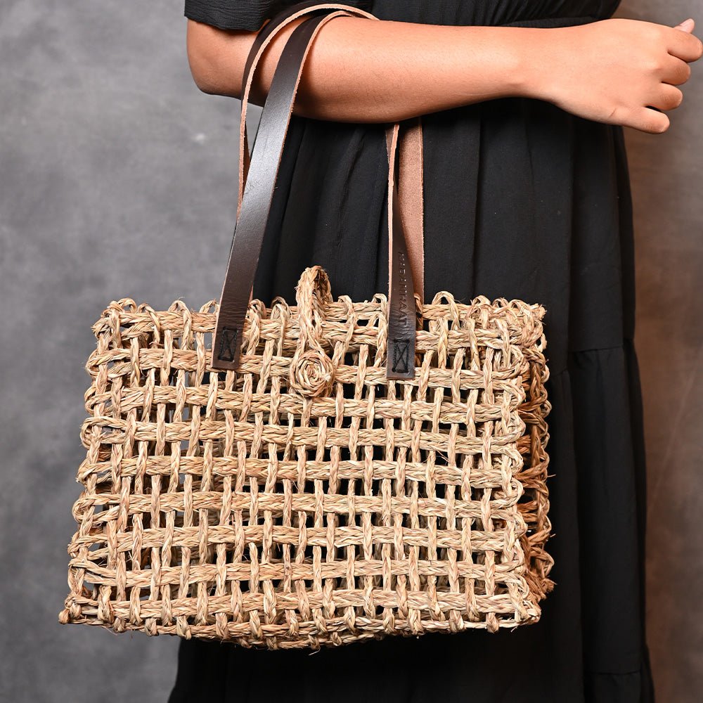 Handmade Sabai Grass Small Mesh Tote Bag - Natural - Kadam Haat