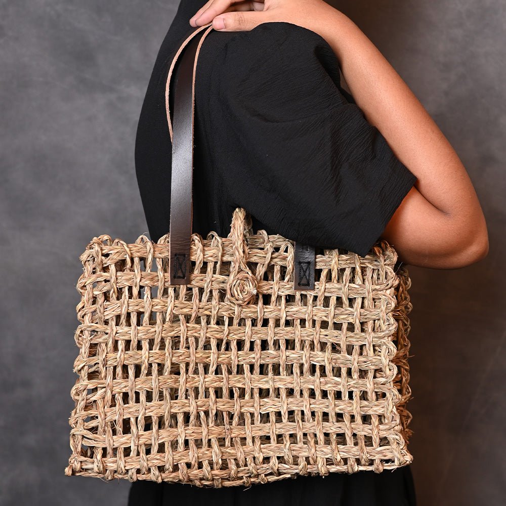 Handmade Sabai Grass Small Mesh Tote Bag - Natural - Kadam Haat