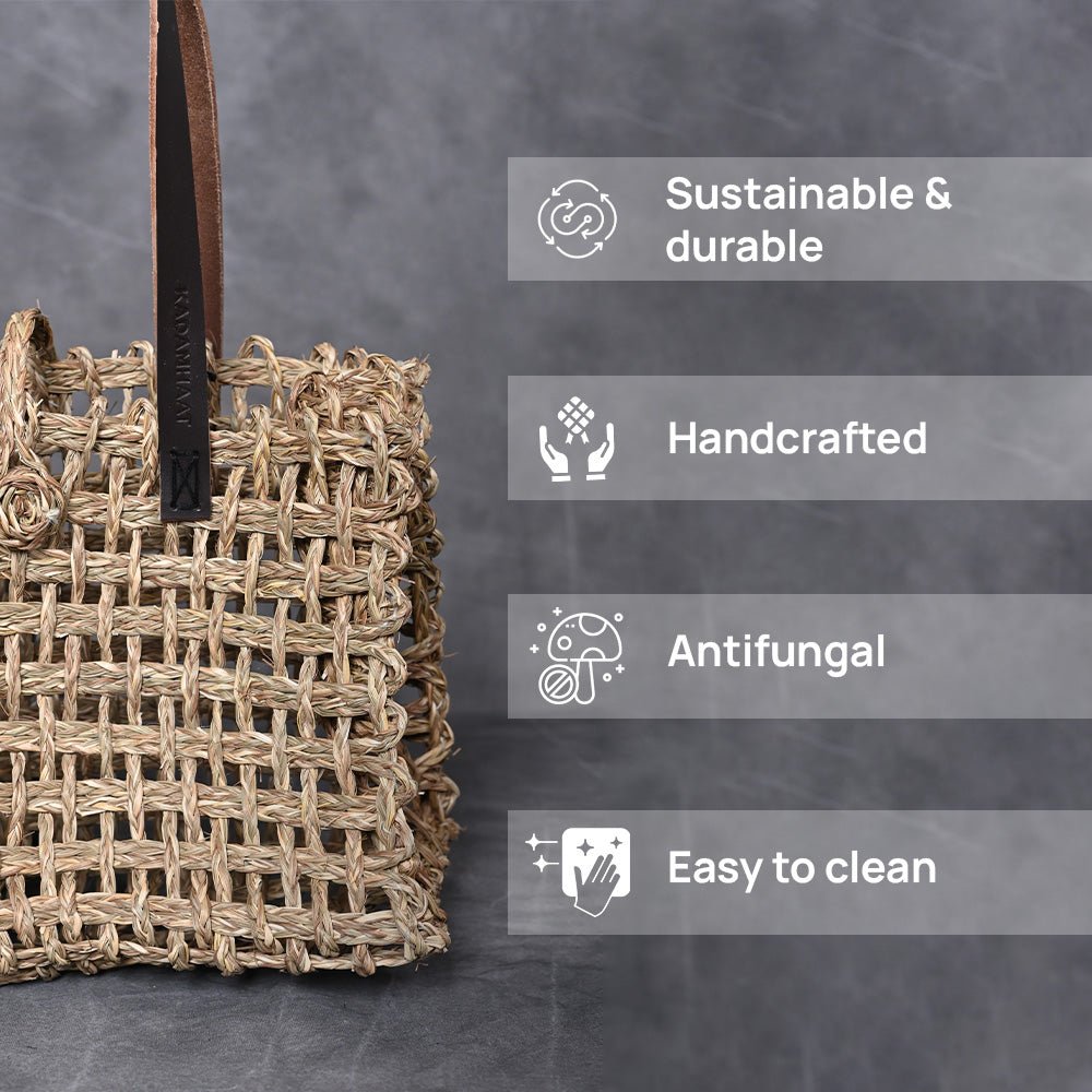 Handmade Sabai Grass Small Mesh Tote Bag - Natural - Kadam Haat