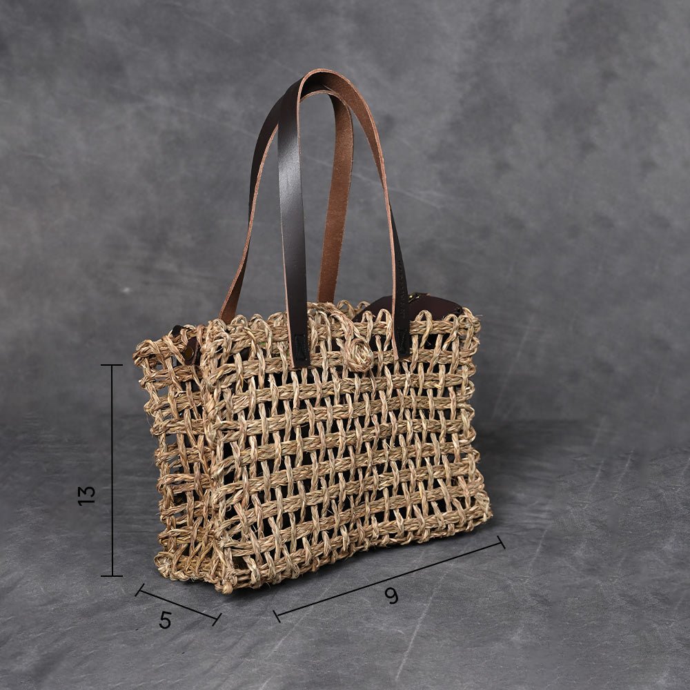 Handmade Sabai Grass Small Mesh Tote Bag - Natural - Kadam Haat
