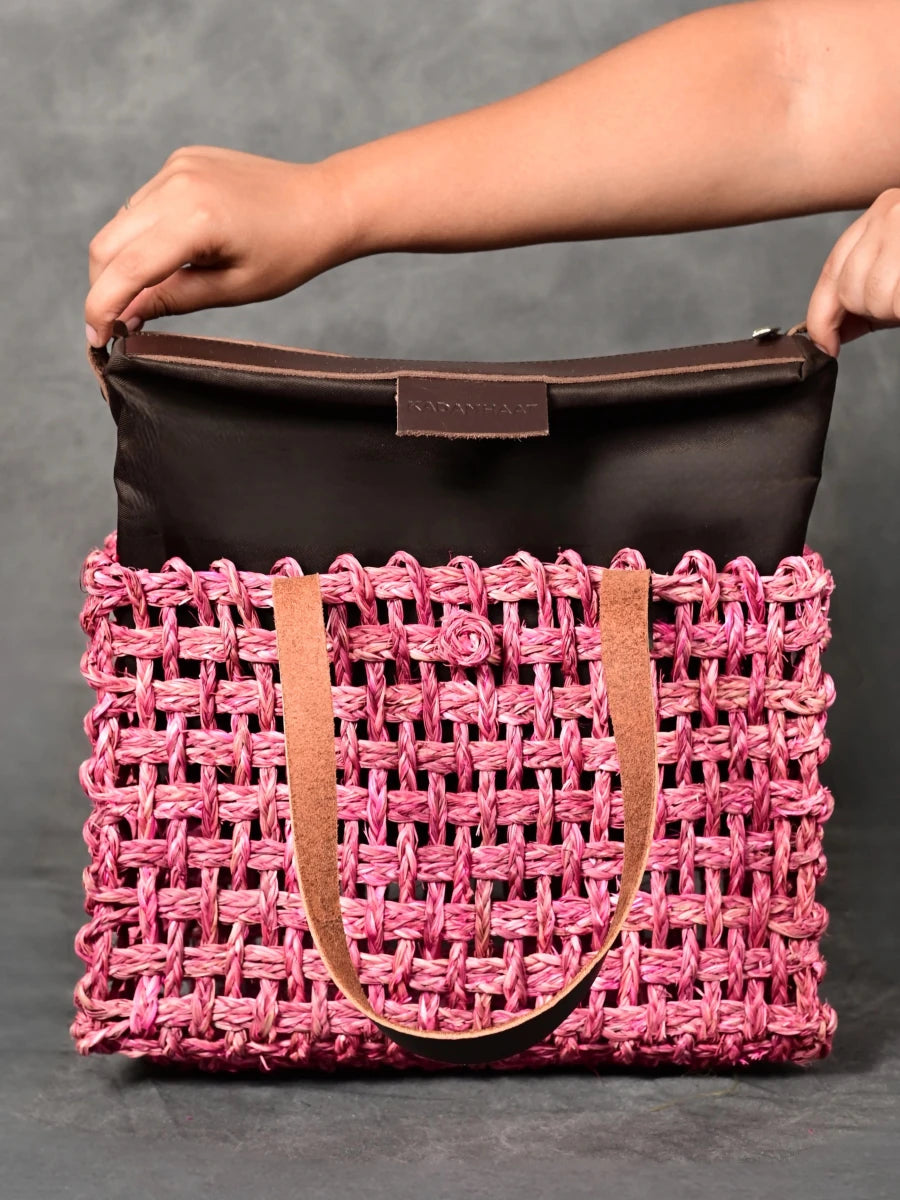 Handmade Sabai Grass Small Mesh Tote Bag - Pink - Kadam Haat