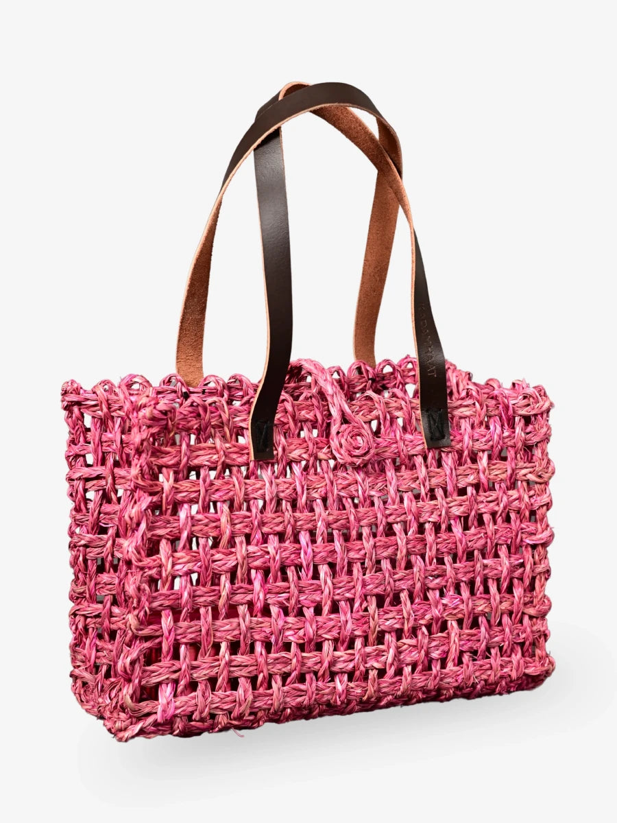 Handmade Sabai Grass Small Mesh Tote Bag - Pink - Kadam Haat