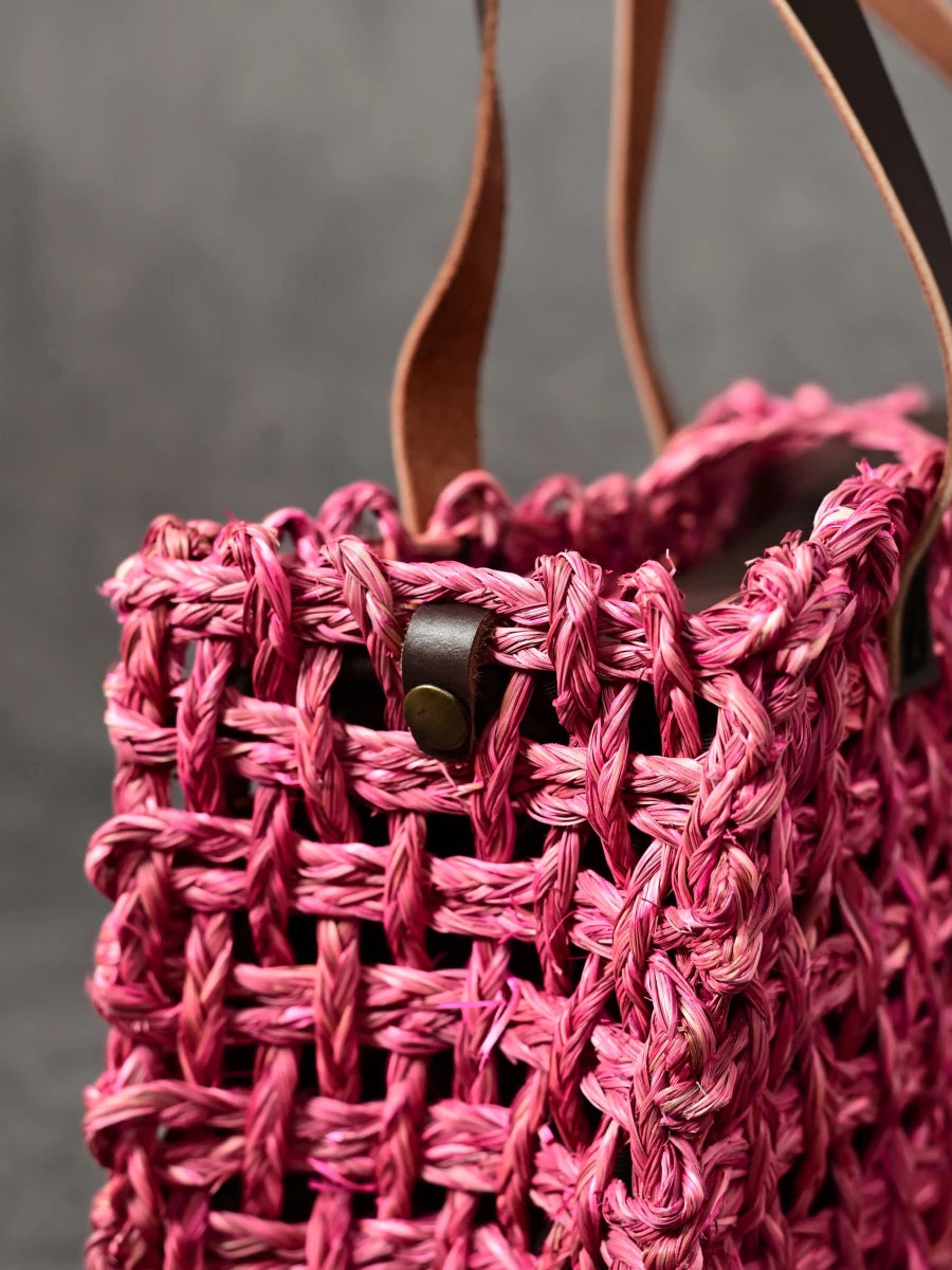 Handmade Sabai Grass Small Mesh Tote Bag - Pink - Kadam Haat
