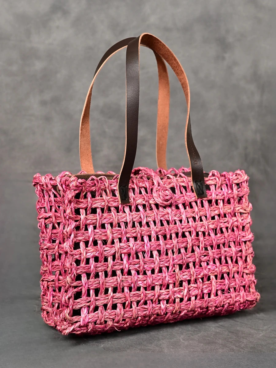 Handmade Sabai Grass Small Mesh Tote Bag - Pink - Kadam Haat