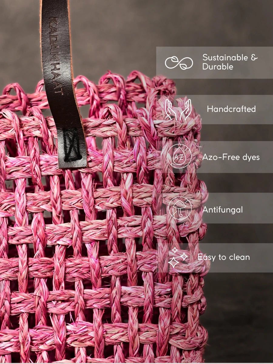 Handmade Sabai Grass Small Mesh Tote Bag - Pink - Kadam Haat