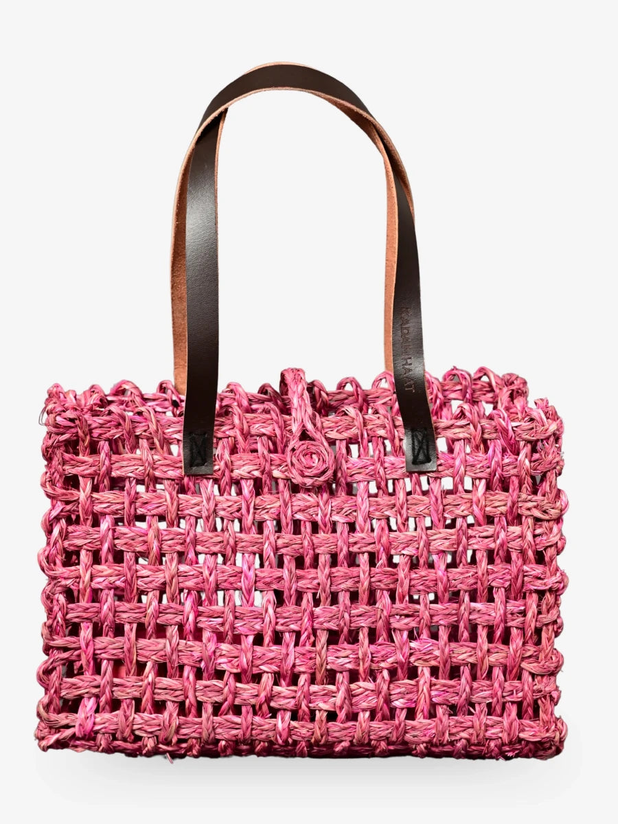 Handmade Sabai Grass Small Mesh Tote Bag - Pink - Kadam Haat