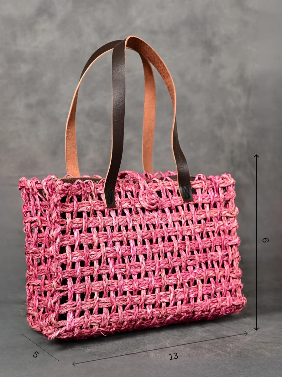 Handmade Sabai Grass Small Mesh Tote Bag - Pink - Kadam Haat