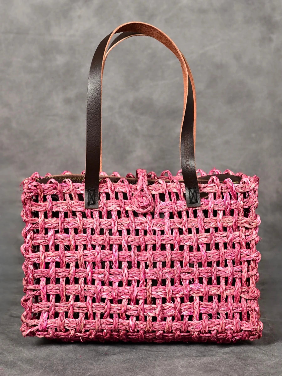 Handmade Sabai Grass Small Mesh Tote Bag - Pink - Kadam Haat