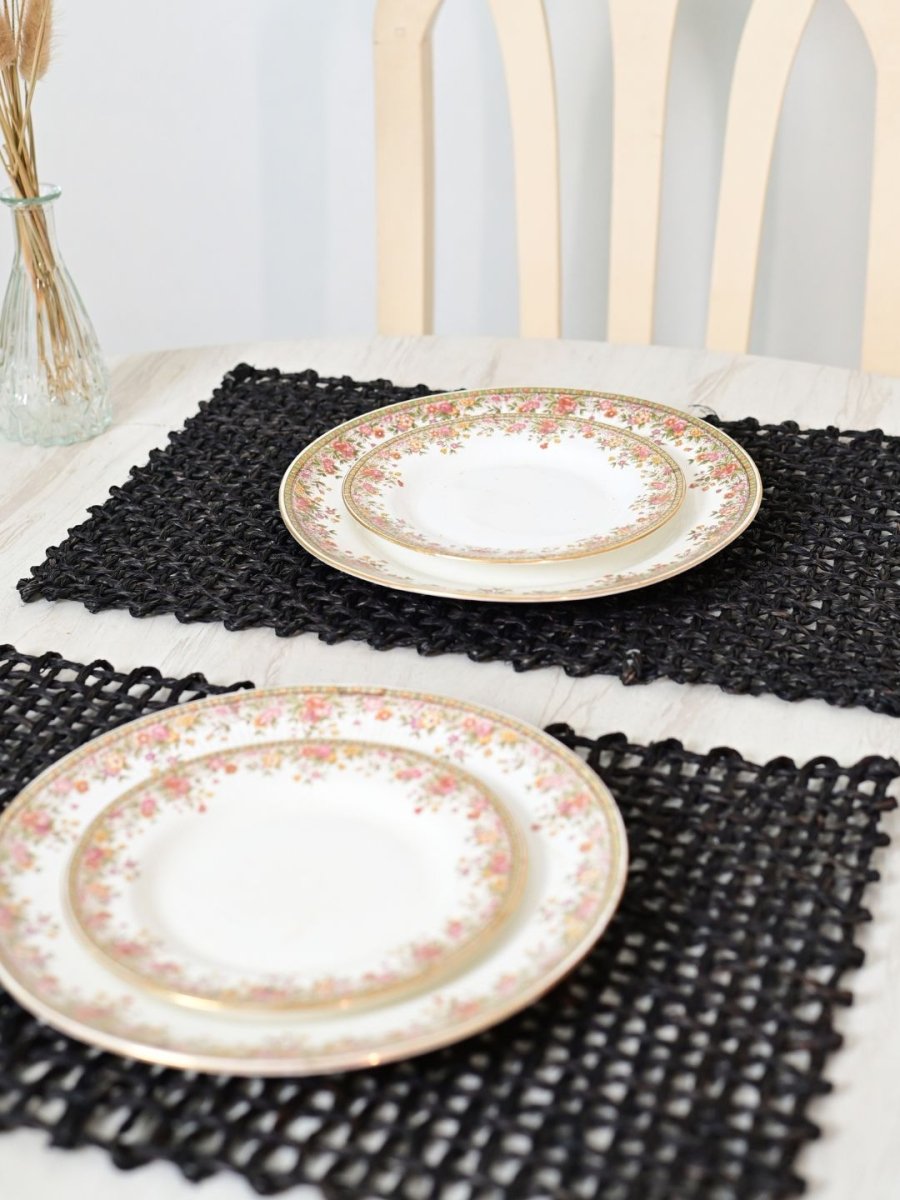 Handmade Sabai Grass Table Mat - Rectangular Set of 6, Black - Kadam Haat