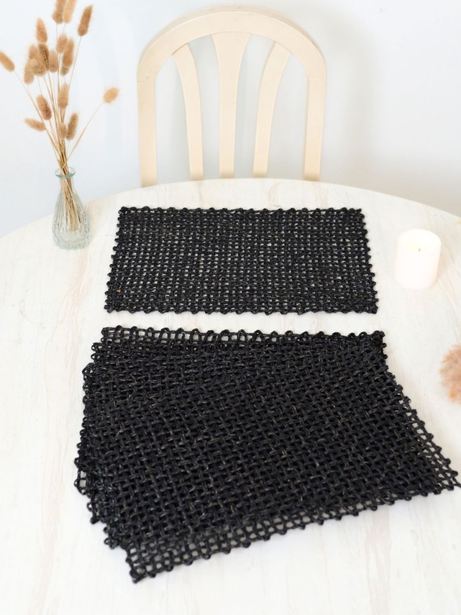 Handmade Sabai Grass Table Mat - Rectangular Set of 6, Black - Kadam Haat