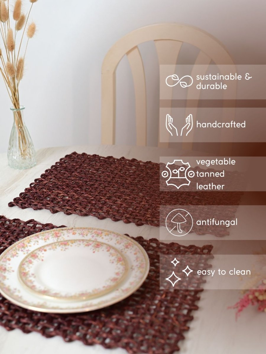 Handmade Sabai Grass Table Mat - Rectangular Set of 6, Brown - Kadam Haat