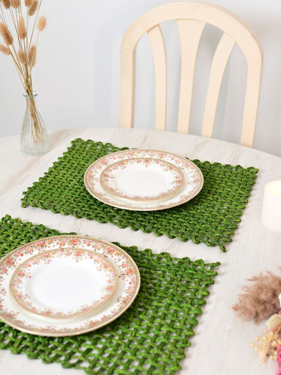 Handmade Sabai Grass Table Mat - Rectangular Set of 6, Green - Kadam Haat