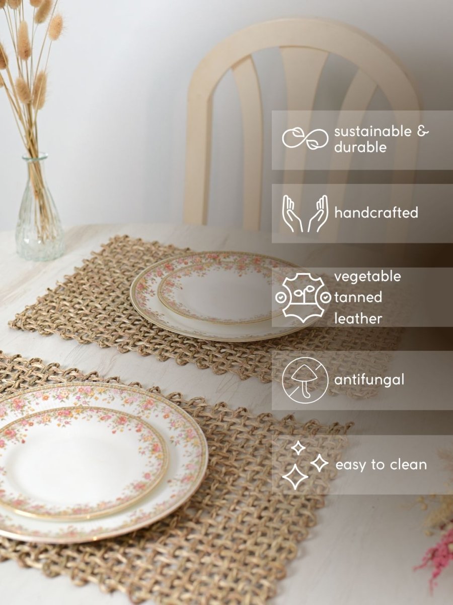 Handmade Sabai Grass Table Mat - Rectangular Set of 6, Natural - Kadam Haat