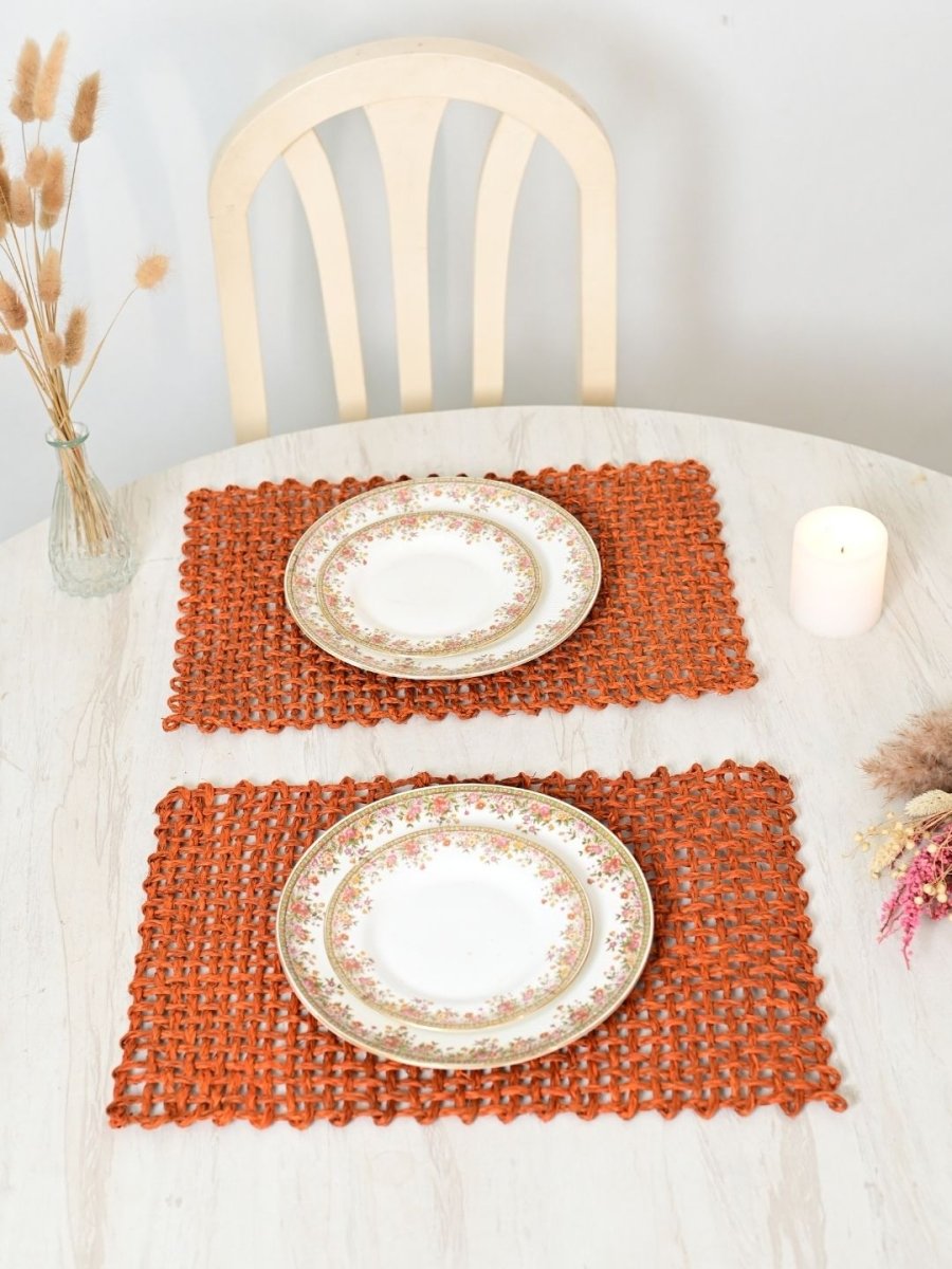 Handmade Sabai Grass Table Mat - Rectangular Set of 6, Orange - Kadam Haat