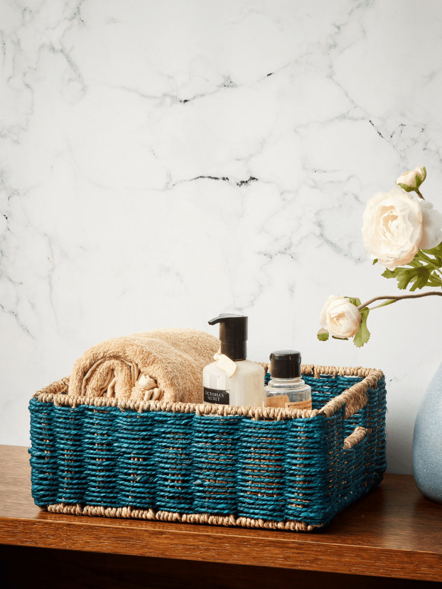 Handmade Sabai Grass Towel Basket - Combo/Indigo - Kadam Haat