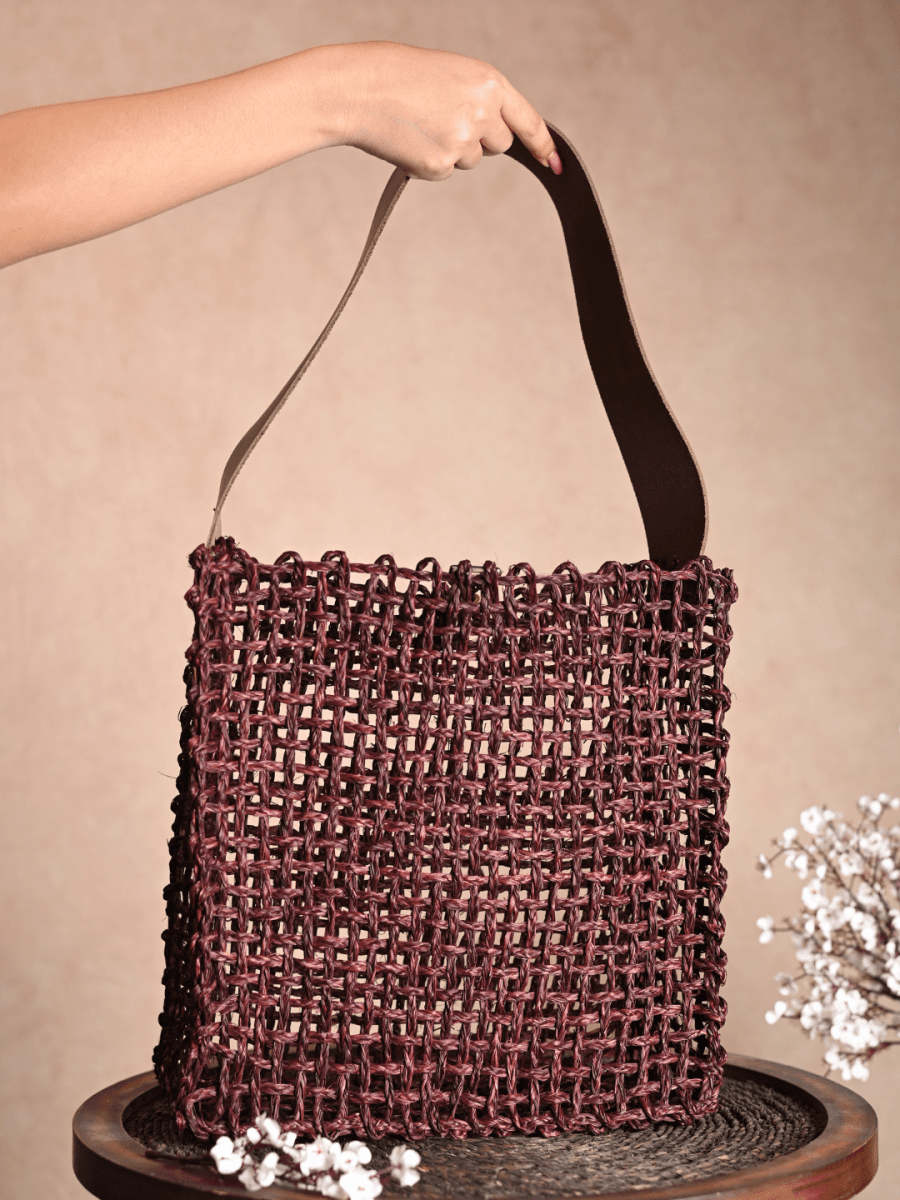 Handmade Sabai Grass Uno Mesh Bag - Brown - Kadam Haat
