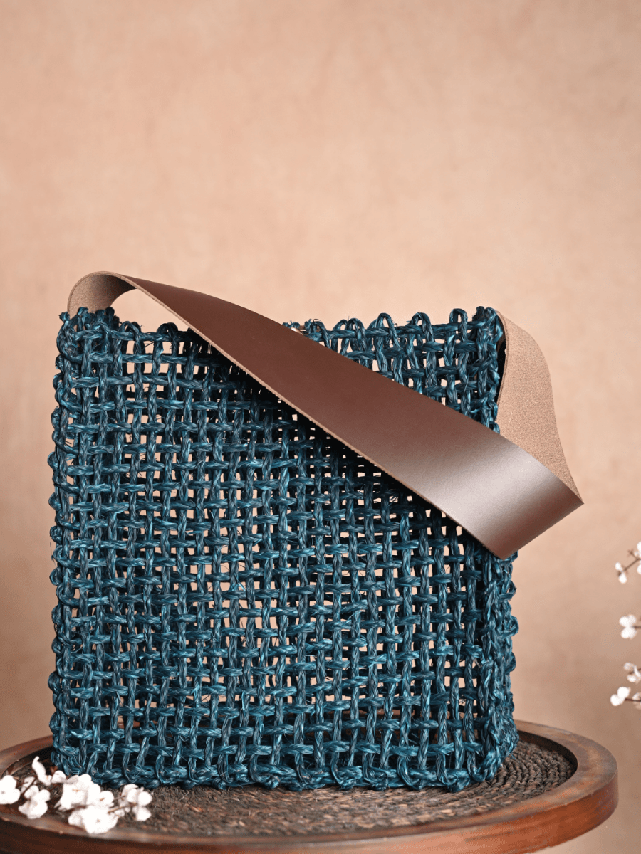 Handmade Sabai Grass Uno Mesh Bag - Indigo - Kadam Haat