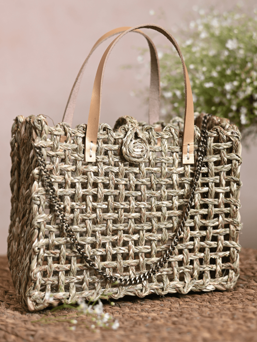 Handmade Sabai Grass Zari Mini Mesh Bag - Kadam Haat