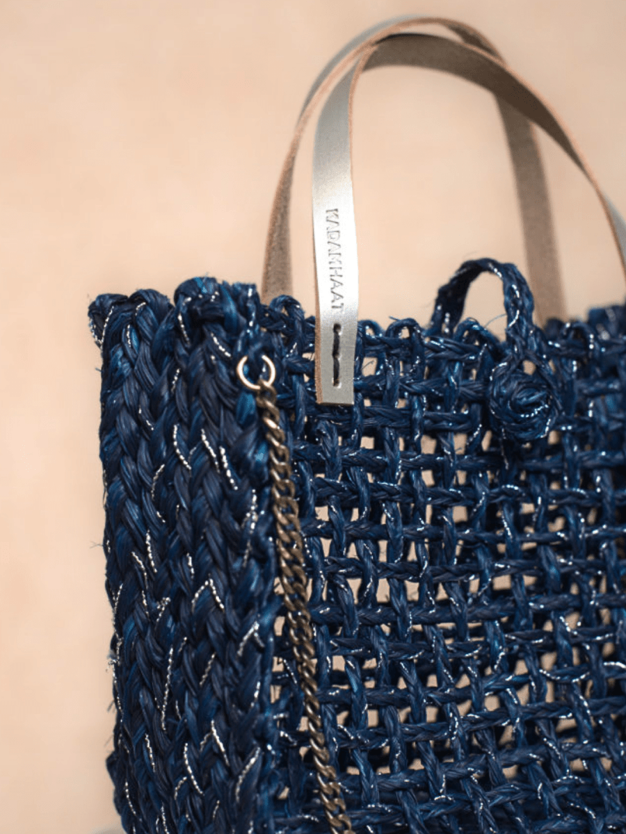 Handmade Sabai Grass Zari Mini Mesh Bag - Neer Silver - Kadam Haat