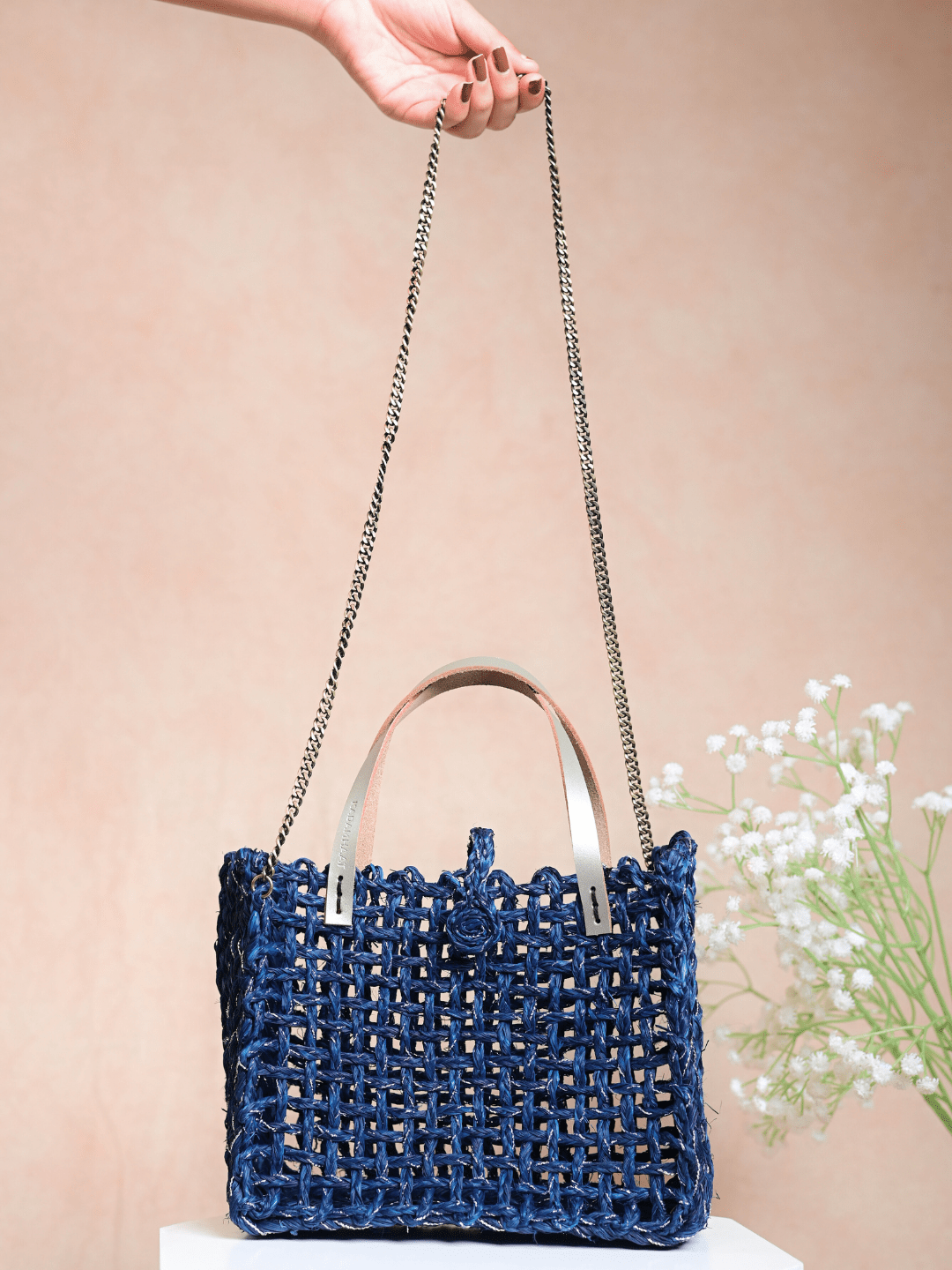 Handmade Sabai Grass Zari Mini Mesh Bag - Neer Silver - Kadam Haat