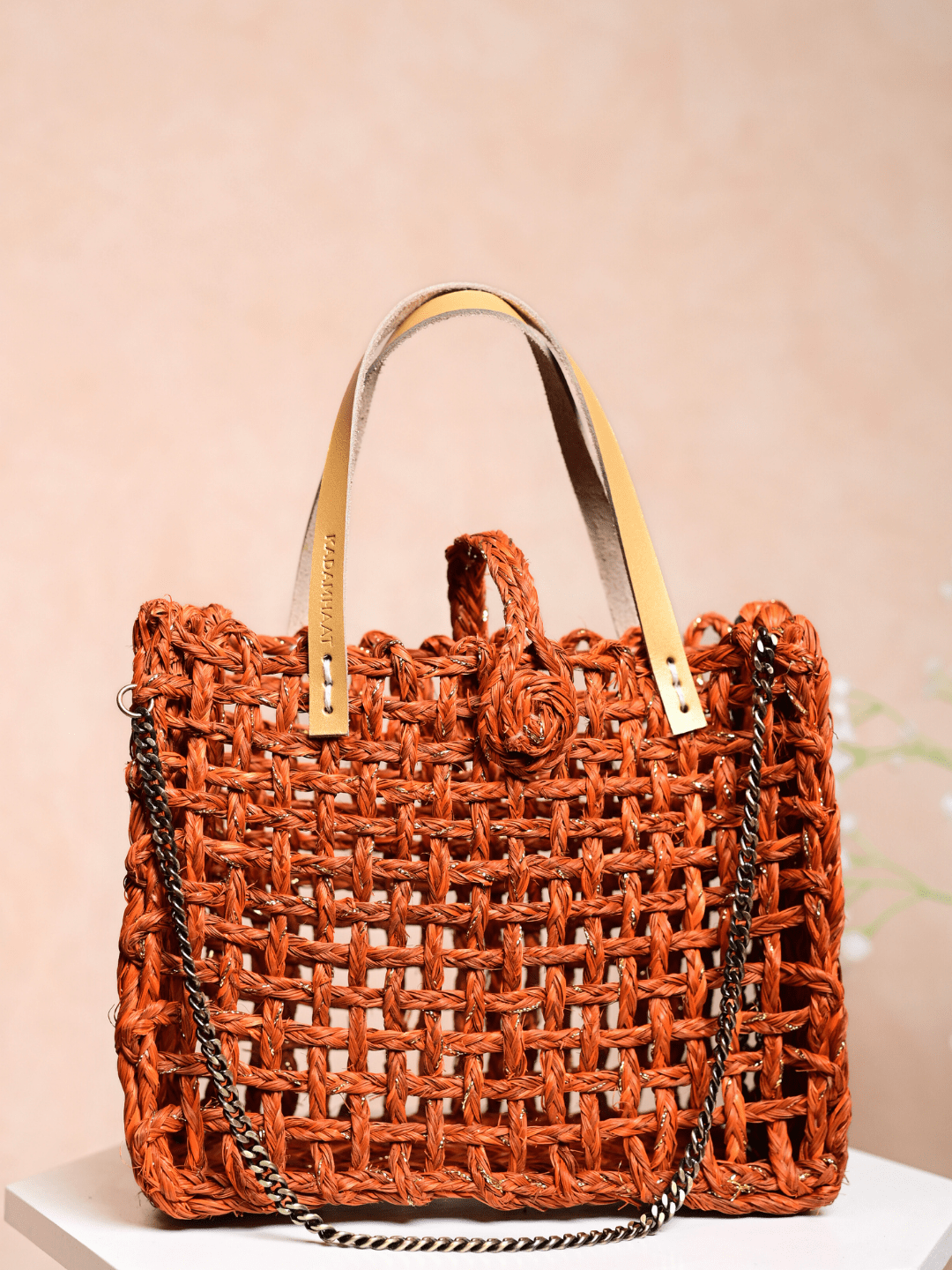 Handmade Sabai Grass Zari Mini Mesh Bag - Orange Gold - Kadam Haat
