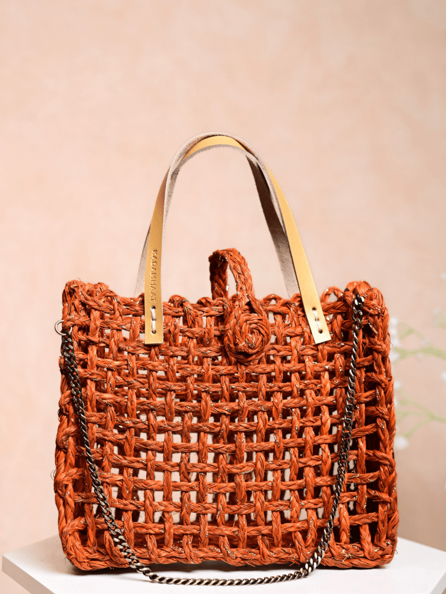 Handmade Sabai Grass Zari Mini Mesh Bag - Orange Gold - Kadam Haat