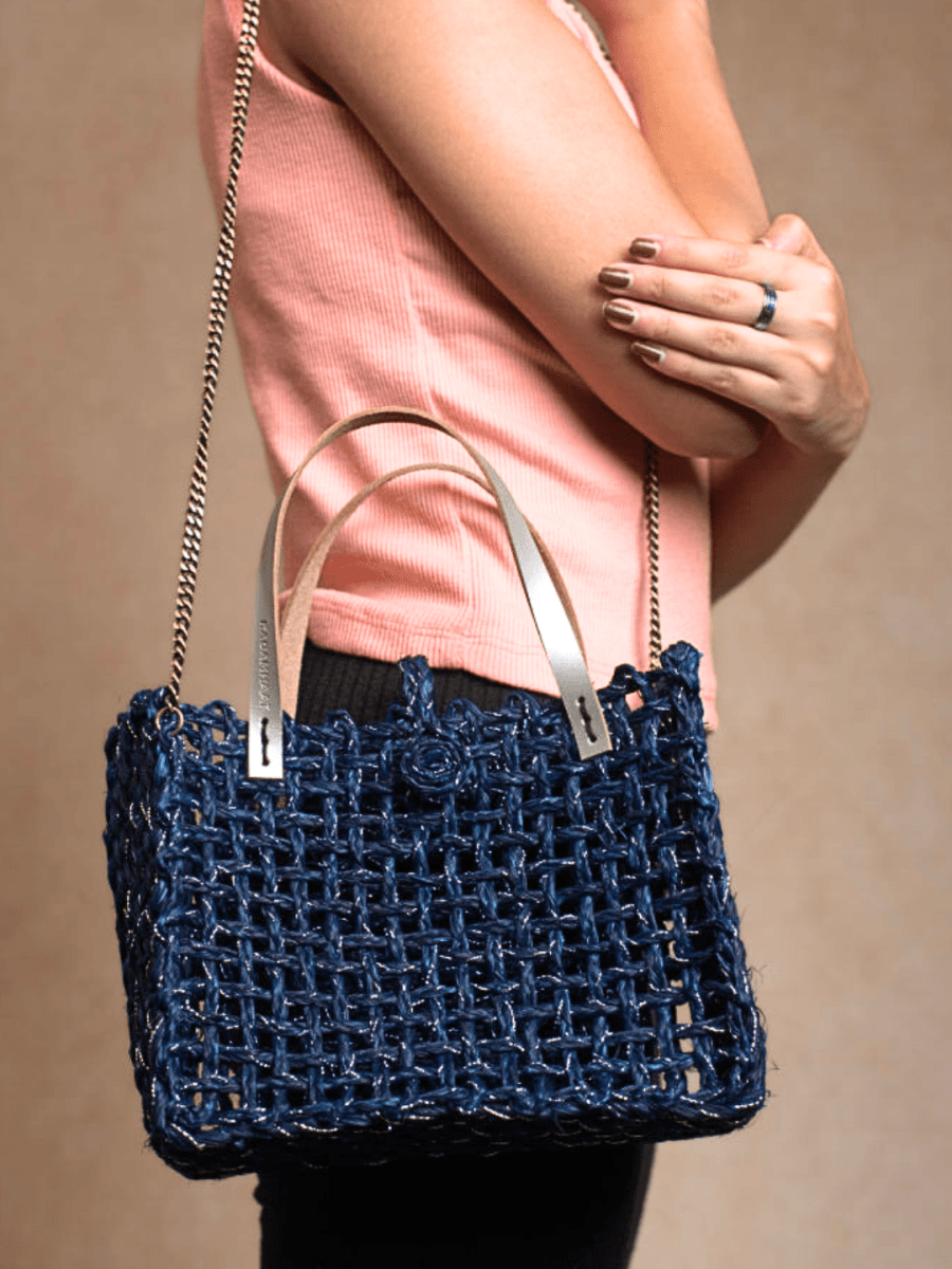 Handmade Sabai Grass Zari Mini Mesh Bag with Silver Handle Pack Of 2 - Kadam Haat