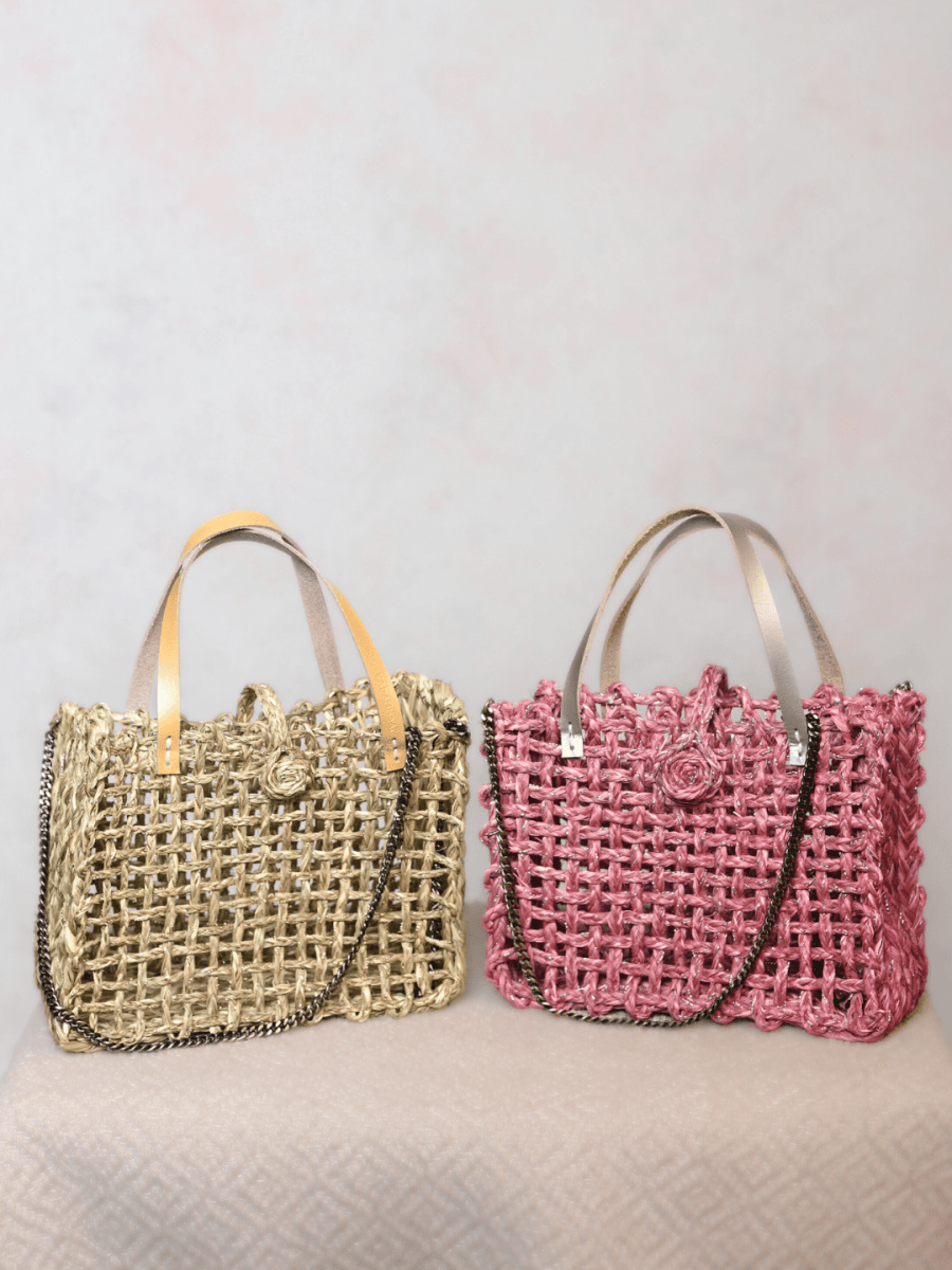 Handmade Sabai Grass Zari Mini Mesh Bag with Silver Handle Pack Of 2 - Kadam Haat