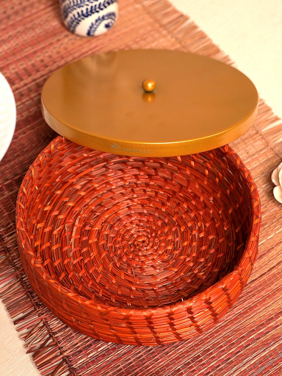 Handmade Sikki Roti Box with Golden Metal Lid - Kadam Haat