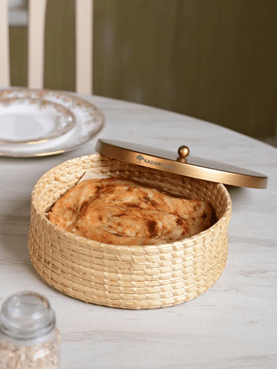 Handmade Sikki Roti Box with Golden Metal Lid - Kadam Haat