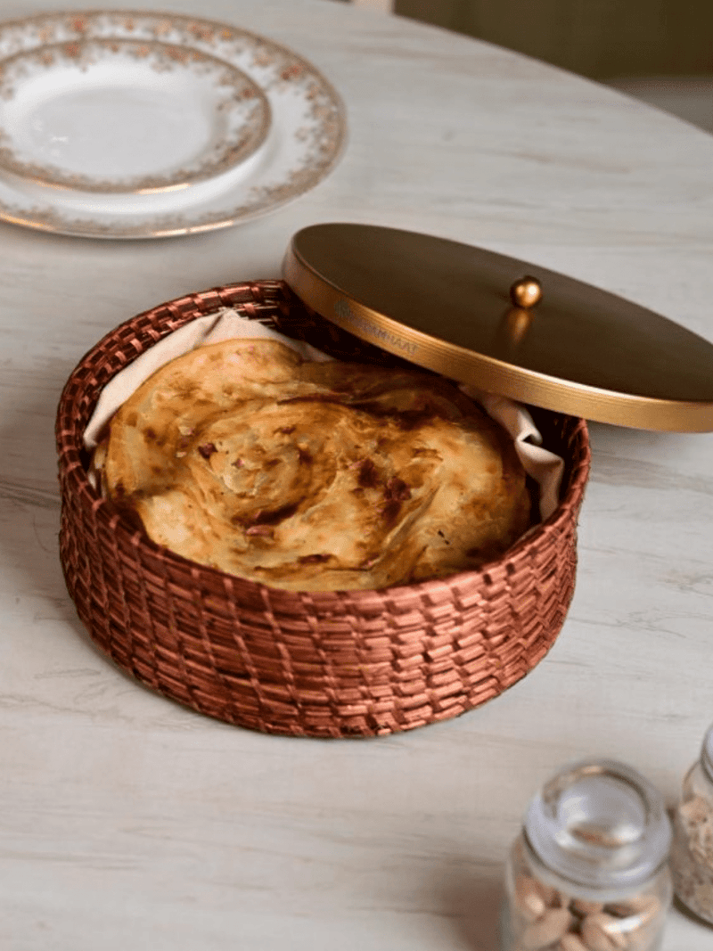 Sikki Grass Roti Box with Brass-Tone Lid | Brown | Chapati Keeper | Ka