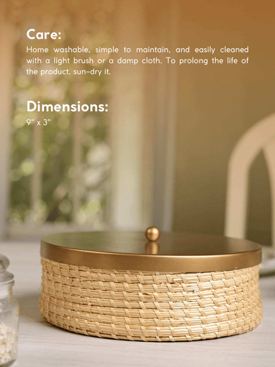 Handmade Sikki Roti Box with Golden Metal Lid - Kadam Haat