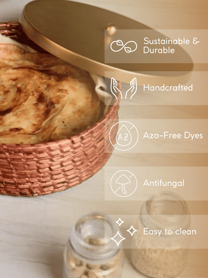 Roomali Roti Packing Box Sikki Grass Roti Box with Brass-Tone Lid | Brown | Chapati Keeper | Ka