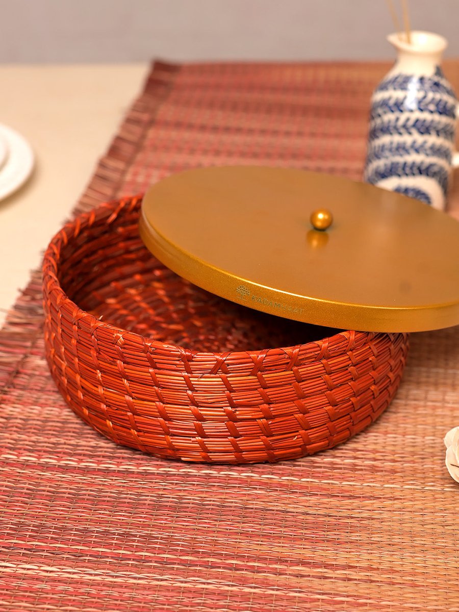 Roomali Roti Packing Box Sikki Grass Roti Box with Brass-Tone Lid | Orange Rust | Chapati Keepe