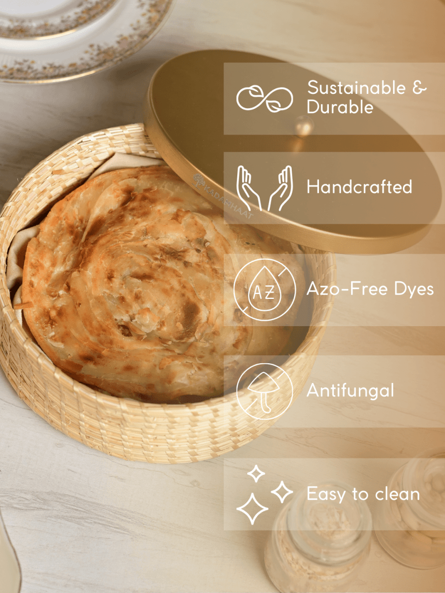 Handmade Sikki Roti Box with Golden Metal Lid - Kadam Haat