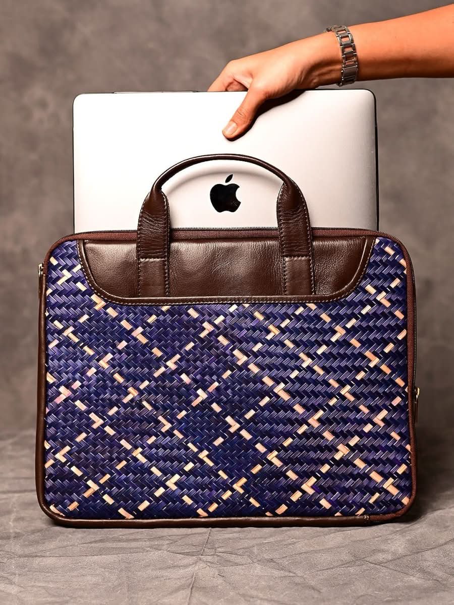 Handmade Sitalpati Laptop Bag - Blue - Kadam Haat